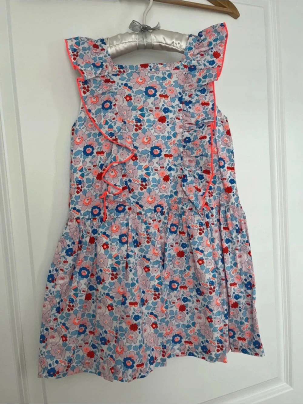 Jacadi Floral Ruffle Sundress - Pink, Blue & Coral Trim